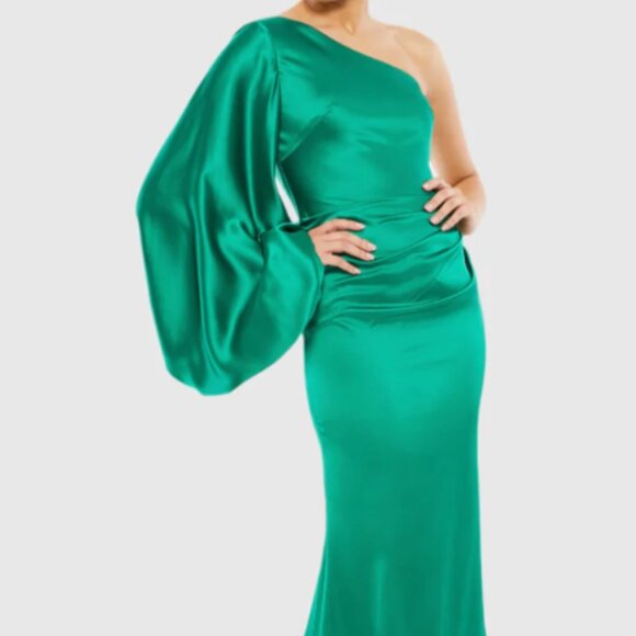 MAC DUGGAL 26588 SATIN PUFF SLEEVE ONE SHOULDER EMERALD GREEN GOWN sz 16